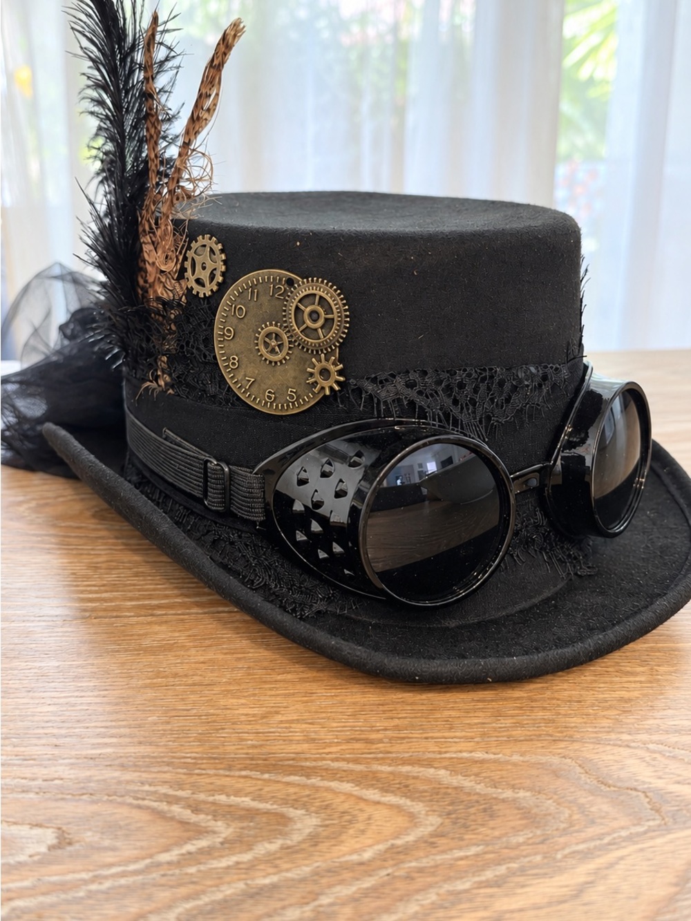 Black Steampunk Top Hat Goggles Gears Feathers Veil Gothic Costume New